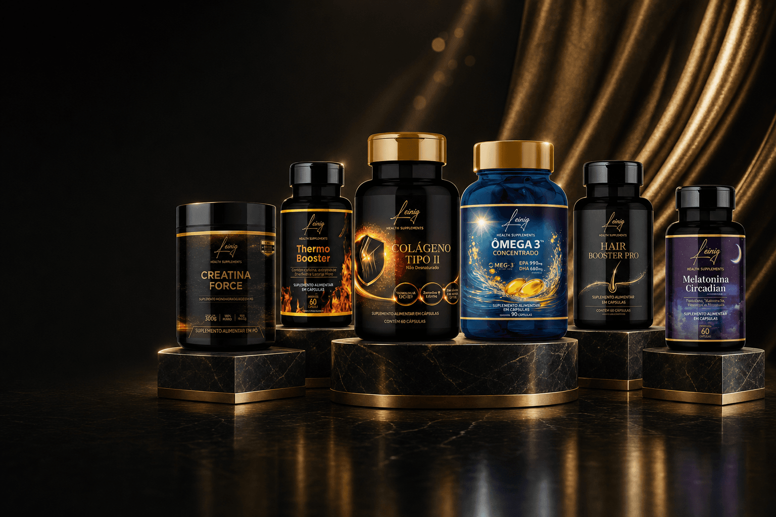 Linha completa Leinig — Creatina Force, Thermo Booster, Colágeno Tipo II, Ômega 3, Hair Booster Pro e Melatonina Circadian